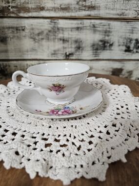 Vintage White Porcelain Floral Teacup and Saucer - Pink Floral Accent